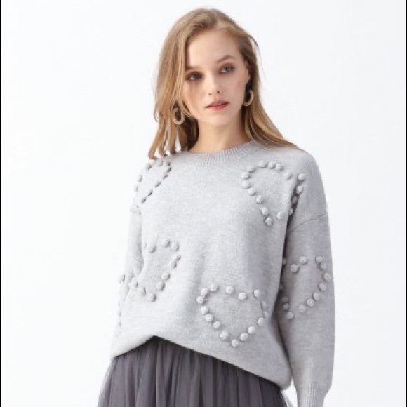 Pom Pom Embellished Knit Sweater in Grey - Picture 2 of 5
